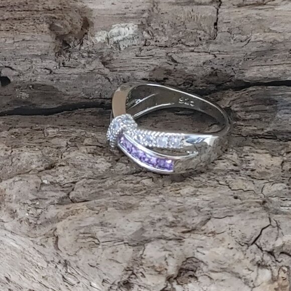 Sterling Silver 925 Ring Quartz Amethyst Bow Knot Crossover Purple Clear Square - Picture 4 of 9